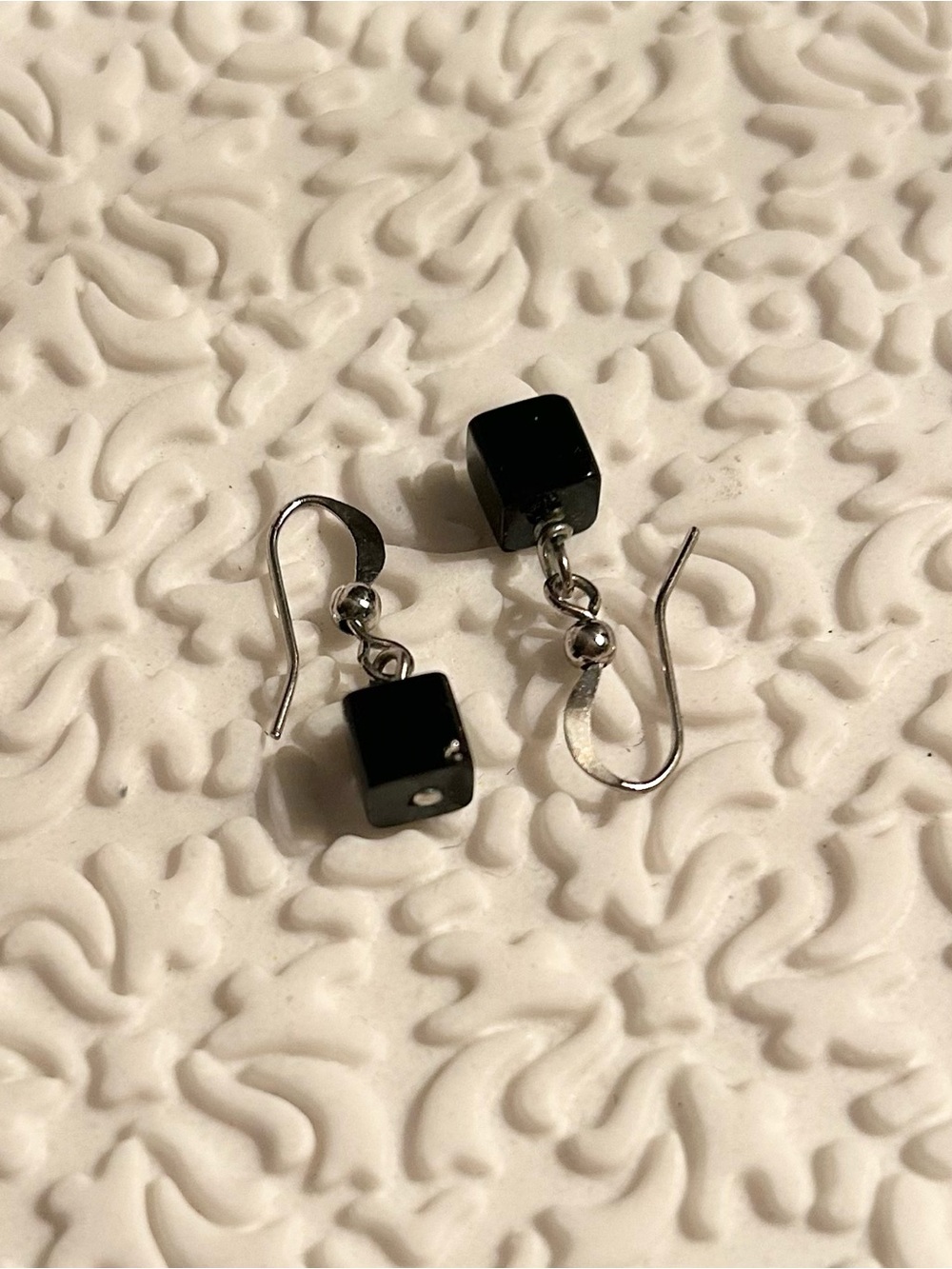 Black Glass Cube Drop Earrings, Polished Silver-Tone Hooks, Delicate - Jewelry